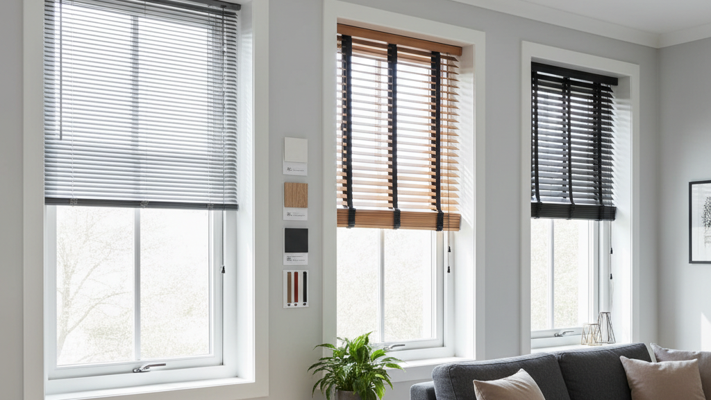 Obraz pokazujący jasne, nowoczesne wnętrze, prawdopodobnie salon, z trzema dużymi oknami o białych ramach, służące jako ekspozycja różnych typów żaluzji