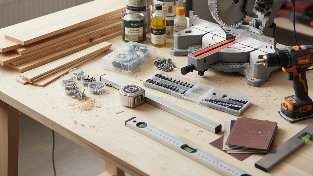 Obraz pokazujący duży, drewniany stół warsztatowy, na którym leżą różne narzędzia i materiały do tworzenia drewnianych żaluzji