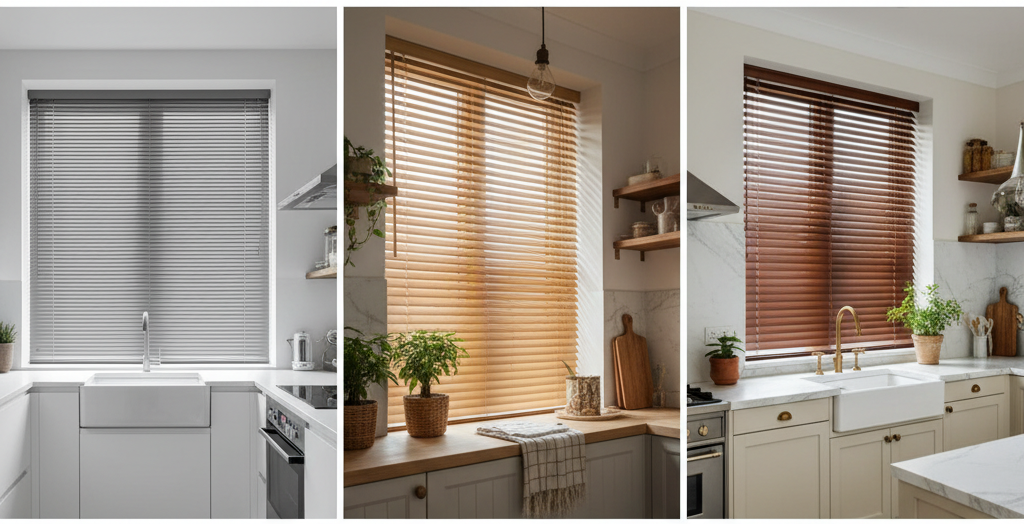 Obraz pokazujący kolaż trzech zdjęć, z których każde prezentuje różne typy żaluzji kuchennych, doskonale ilustrując, jak dopasować je do stylu i wielkości kuchni