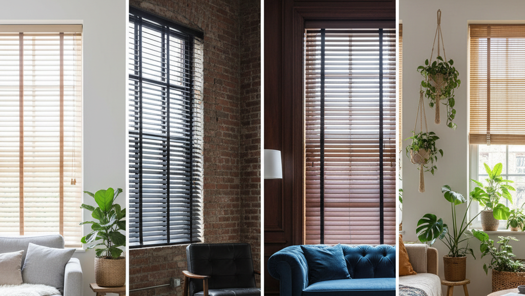 Obraz pokazujący kolaż czterech różnych stylów wnętrz, z których każdy prezentuje inny typ żaluzji i dopasowanie do ogólnej estetyki pomieszczenia