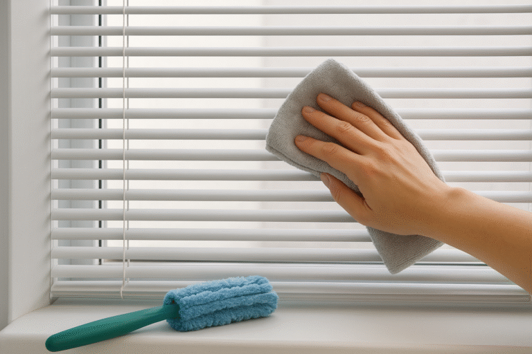 Obraz pokazujący realistyczną scenę przedstawiającą czyszczenie żaluzji