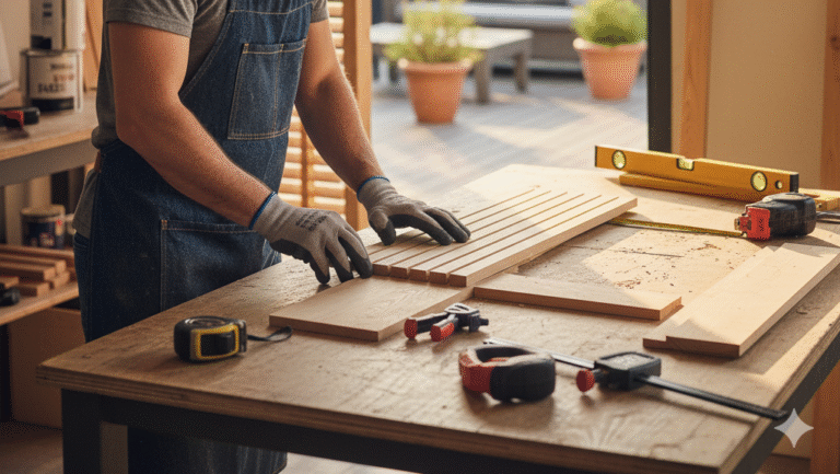 mężczyznę w warsztacie stolarskim, pracującego nad projektem, który wydaje się być drewnianymi żaluzjami lub osłoną lamelową