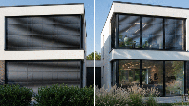 Obraz pokazujący dylemat wyboru między roletami a żaluzjami zewnętrznymi, przedstawiając dwie wizualizacje tego samego nowoczesnego budynku jednorodzinnego, podzielone pionową linią