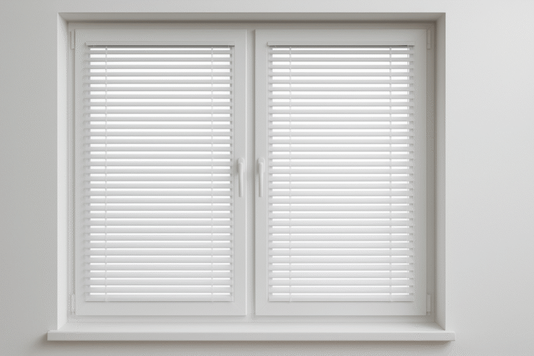 Obraz pokazujący białe, podwójne okno z zamontowanymi poziomymi żaluzjami